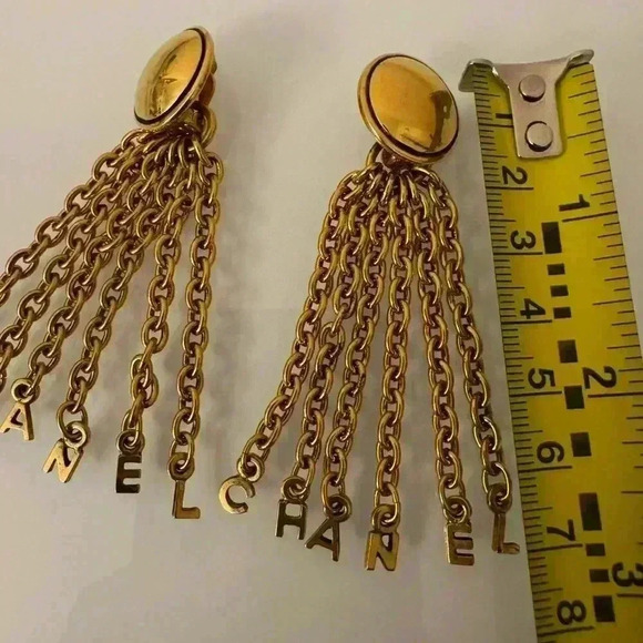 CHANEL Gold Plated Clip-On Chain Dangle/Button Earrings Vintage - Picture 6 of 9
